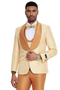 Men's slim fit tuxedo with shawl lapel. Shiny material, gold paisley pattern on jacket. Solid gold trousers, matching vest, and bow tie. Perfect for weddings or prom.