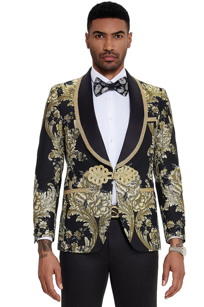 Men's black paisley tuxedo with gold floral accents. Features a shawl lapel, single-button closure, and structured shape. Perfect for weddings and proms.