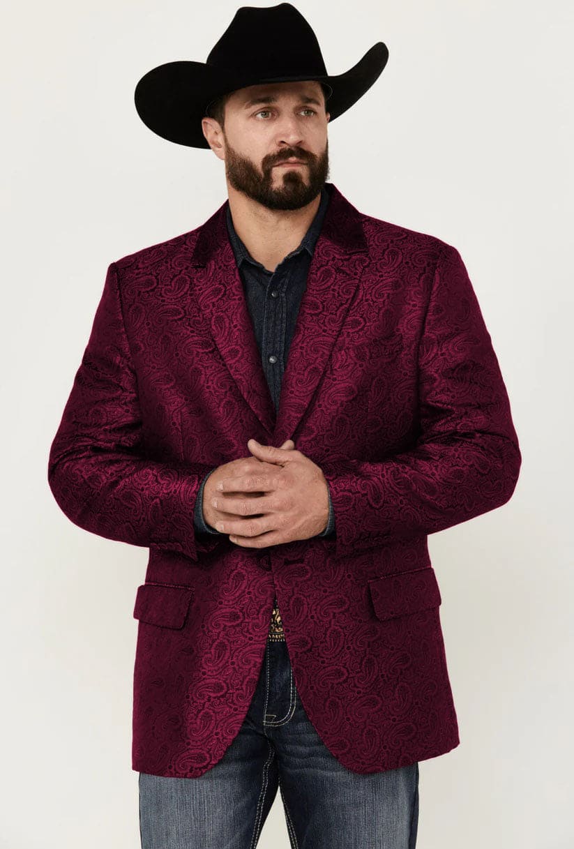 Western Blazer - Saco Vaquero para Hombre - Saco Vaquero Paisly Fabric in Color Burgundy