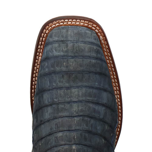 Dan Post Leon Western Boots: Men's tan caiman leather boots with square toe. Textured upper, intricate stitching, and durable design. Stylish and functional.