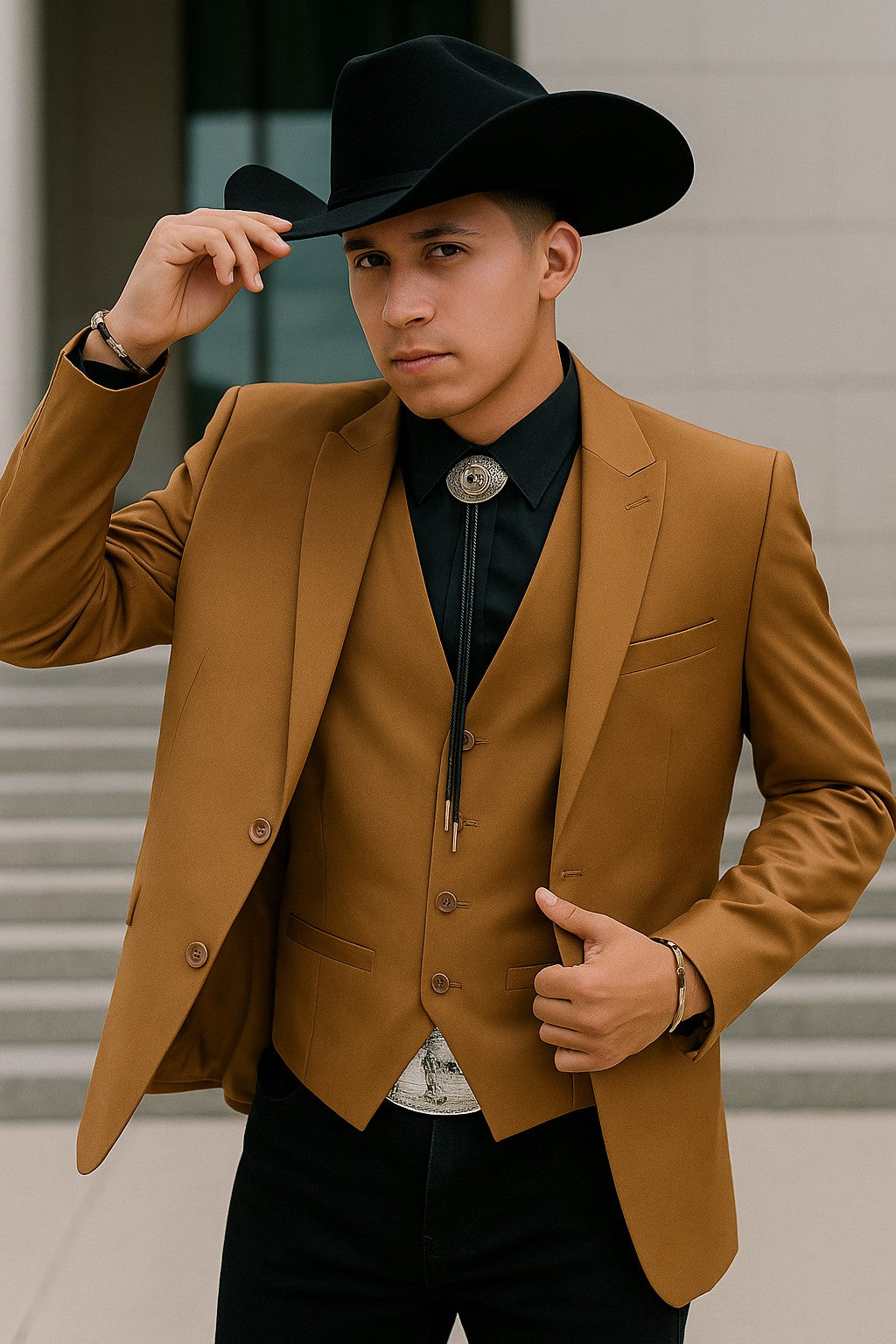 Western cowboy wedding suit with bolo tie