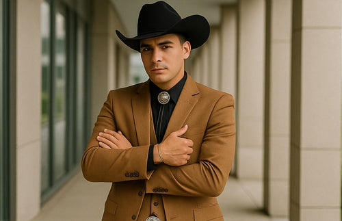 Tan three-piece cowboy tuxedo with black shirt