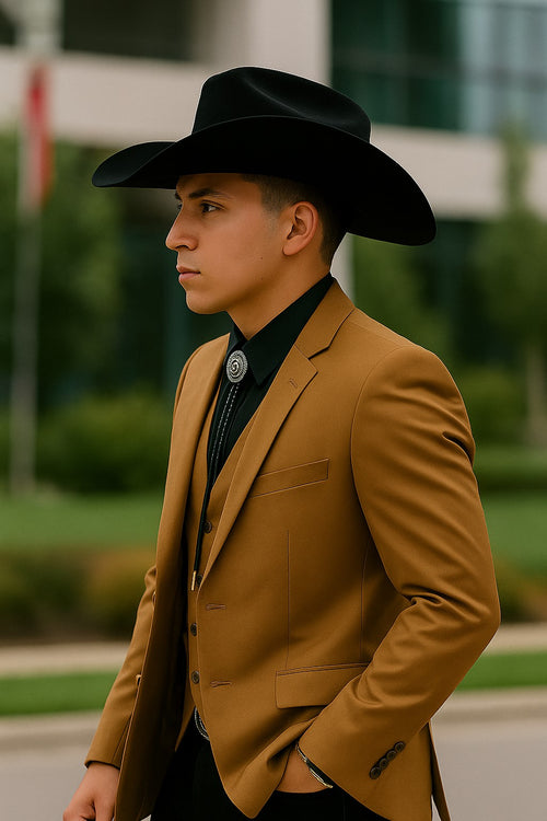 Stylish cowboy formalwear in mustard blazer