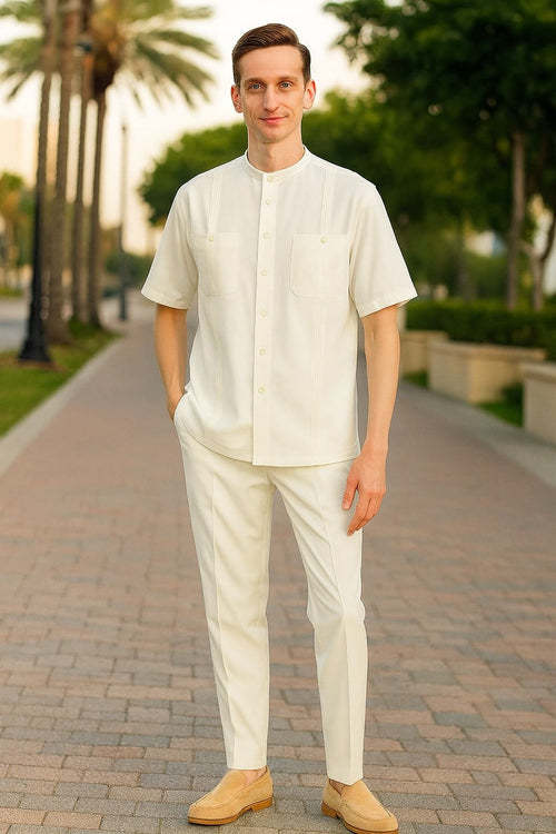 Men's white linen two-piece set: short sleeve shirt with band collar, front pockets, button closure + tailored pants. Perfect summer outfit.