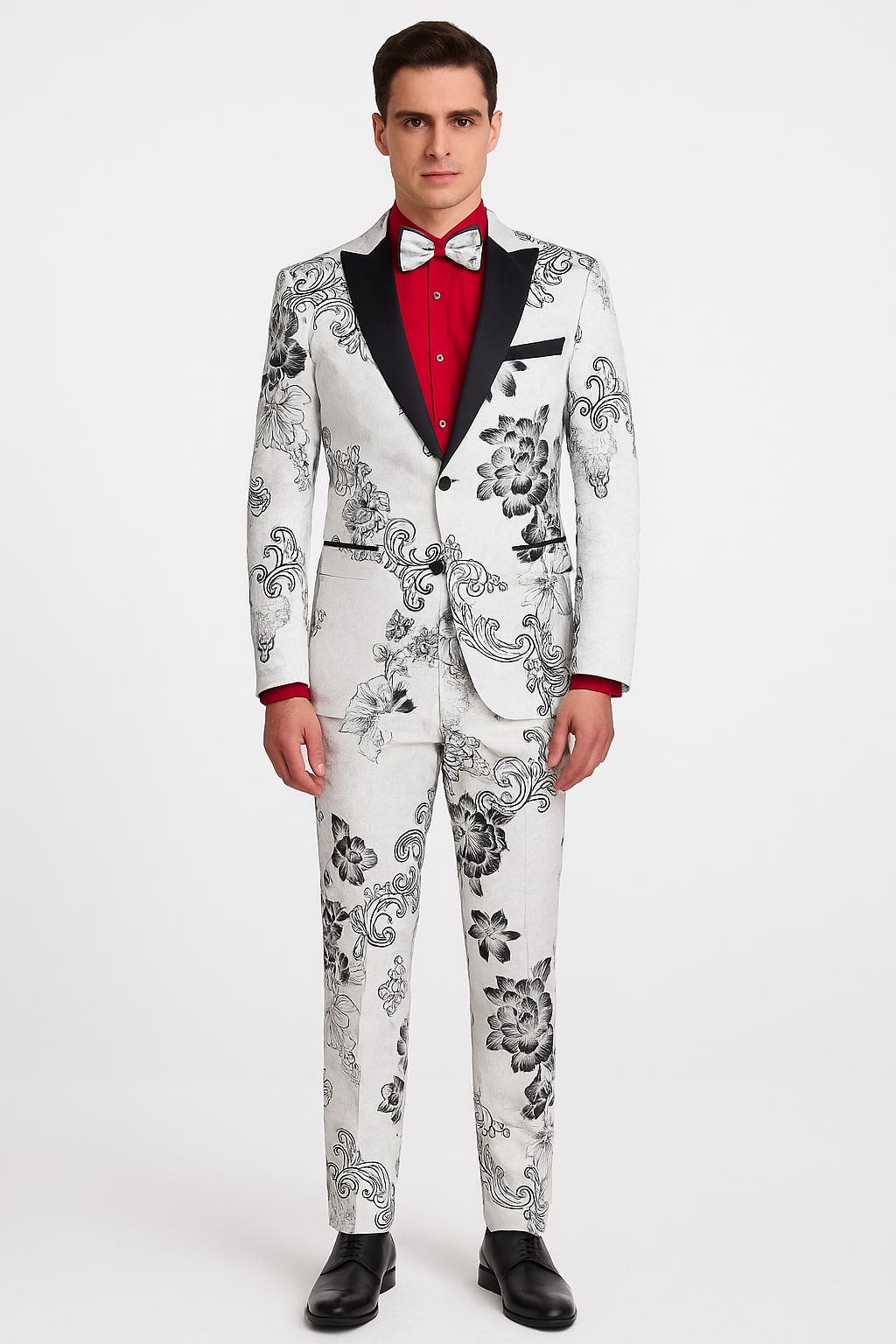 Mens White Floral Tuxedo with Black Lapel – 3-Piece Designer Prom Suit Wedding Suit