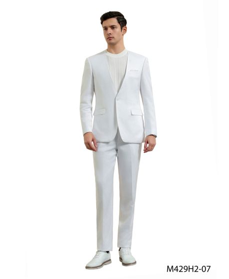 Crisp white linen suit: collarless blazer with single-button closure, two pockets, and matching tailored pants. Lightweight, smooth fabric for a sophisticated look.