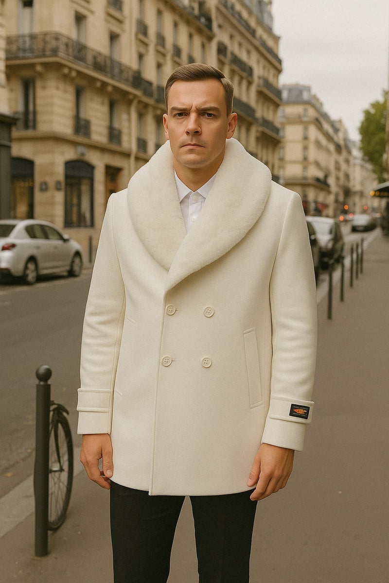 Men's white peacoat with a double-breasted design, soft collar, and fitted silhouette. Features side pockets, button closure, and textured wool blend. Clean, minimalist look with a sleeve logo.