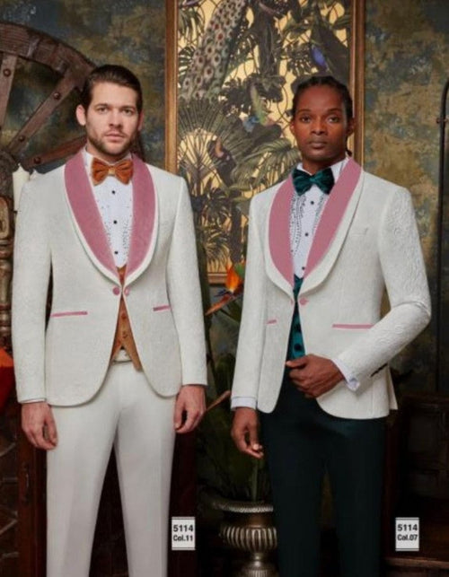 White and Rose Gold Tuxedo Suit - Wedding Groom Vested Suit