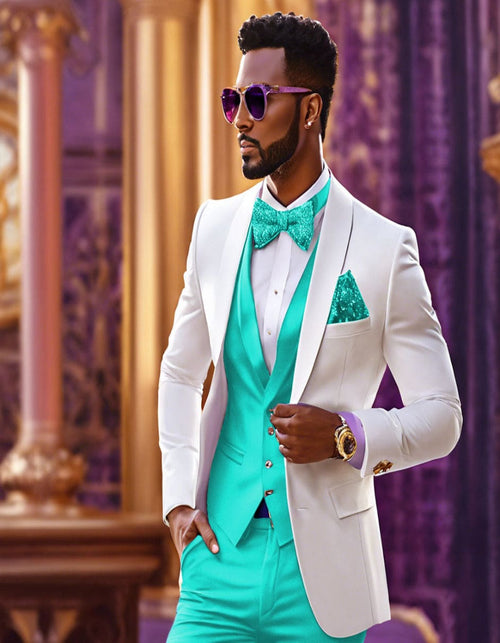 White and Turquoise Tuxedo Wedding Suit - White Dinner Jacket + Vest + Pants + Bow-tie