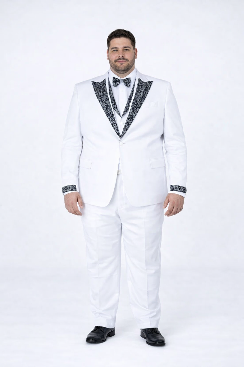 White tuxedo with structured cut, black stone lapel/pocket embellishments, and matching trousers. Bow tie mirrors lapel design. Classic and tailored for prom/wedding.