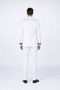 White tuxedo for men: structured silhouette, solid white fabric. Jacket with black decorative stones at cuff. Includes matching straight-leg trousers for prom or weddings.
