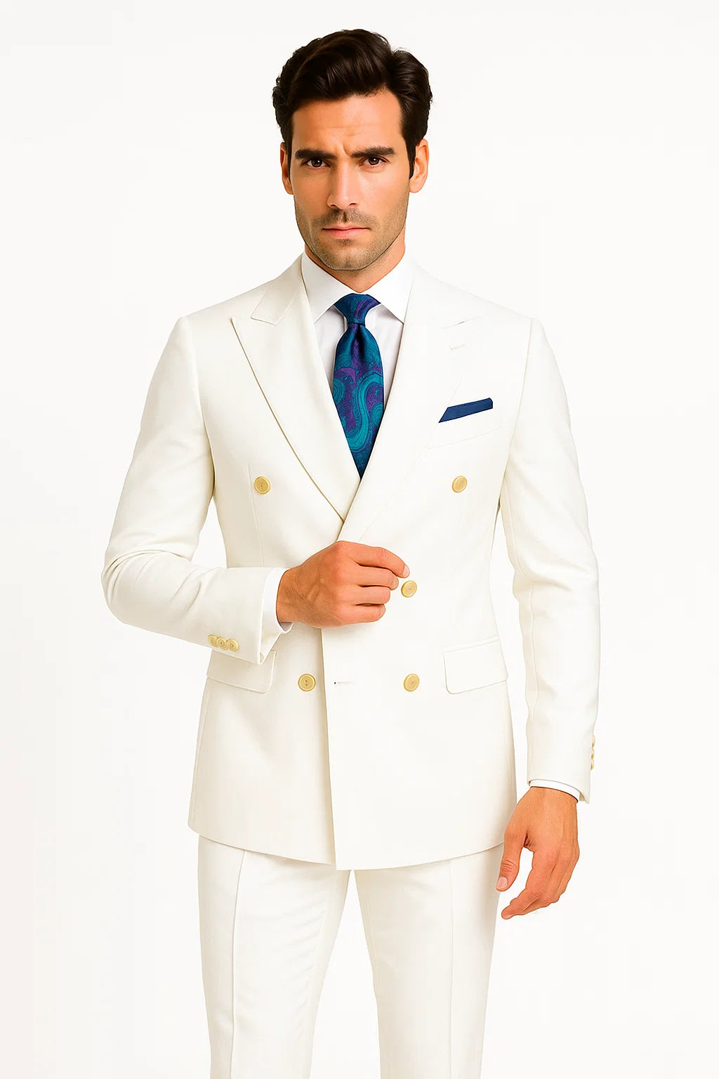 White Double-Breasted Suit with Gold Buttons