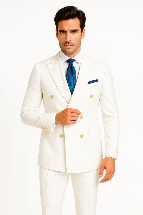 White Double-Breasted Suit with Gold Buttons