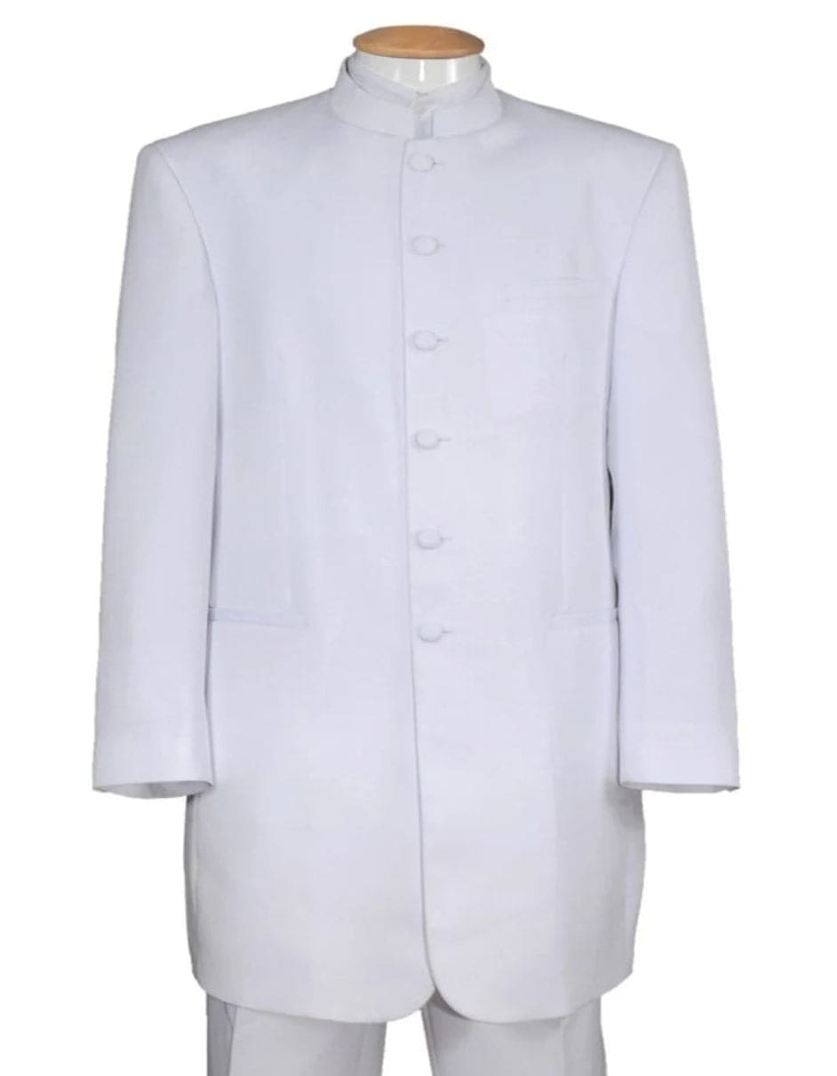 Mens Long Mandarin Collar Zoot Suit White Tuxedo