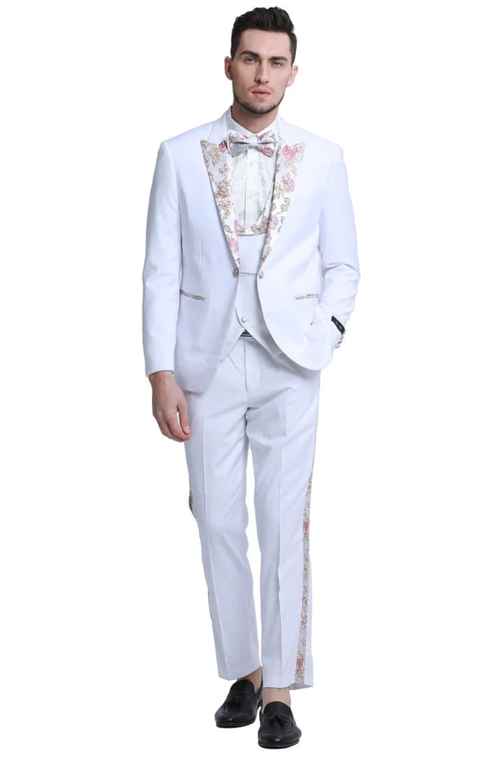 Men's One Button Vested Prom & Wedding Peak Lapel White Tuxedo