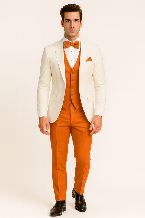 White and Orange Tuxedo Wedding Suit - White Dinner Jacket + Vest + Pants + Bow-tie