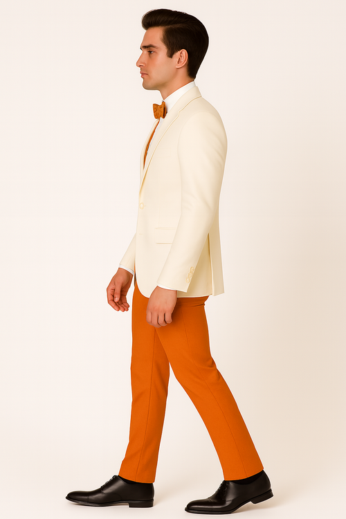 White and Orange Tuxedo Wedding Suit - White Dinner Jacket + Vest + Pants + Bow-tie