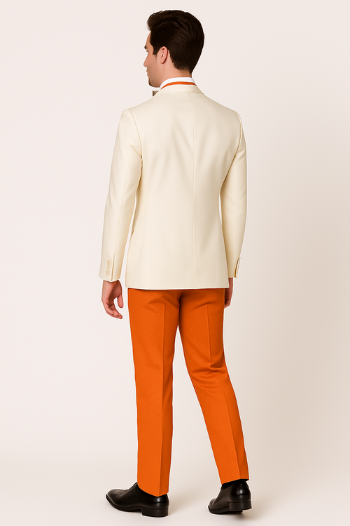 White and Orange Tuxedo Wedding Suit - White Dinner Jacket + Vest + Pants + Bow-tie