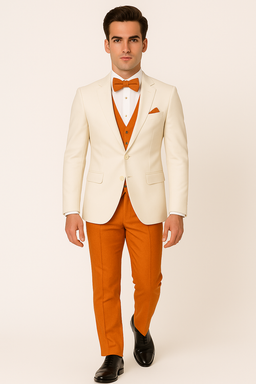 White and Orange Tuxedo Wedding Suit - White Dinner Jacket + Vest + Pants + Bow-tie