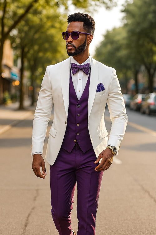 White and Purple Tuxedo Wedding Suit - White Dinner Jacket + Vest + Pants + Bow-tie