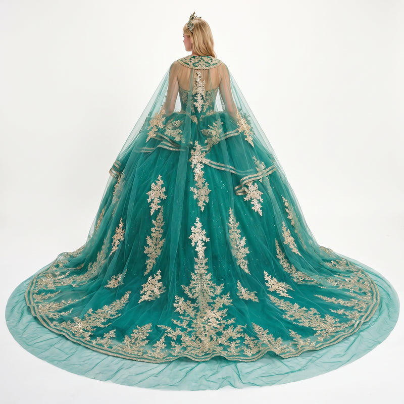 Elizabeth K GL3671 Emerald Green Quinceañera Ball Gown – Strapless Sweetheart Beaded Corset Dress with Ruffle-Tier Skirt & Embroidered Cape