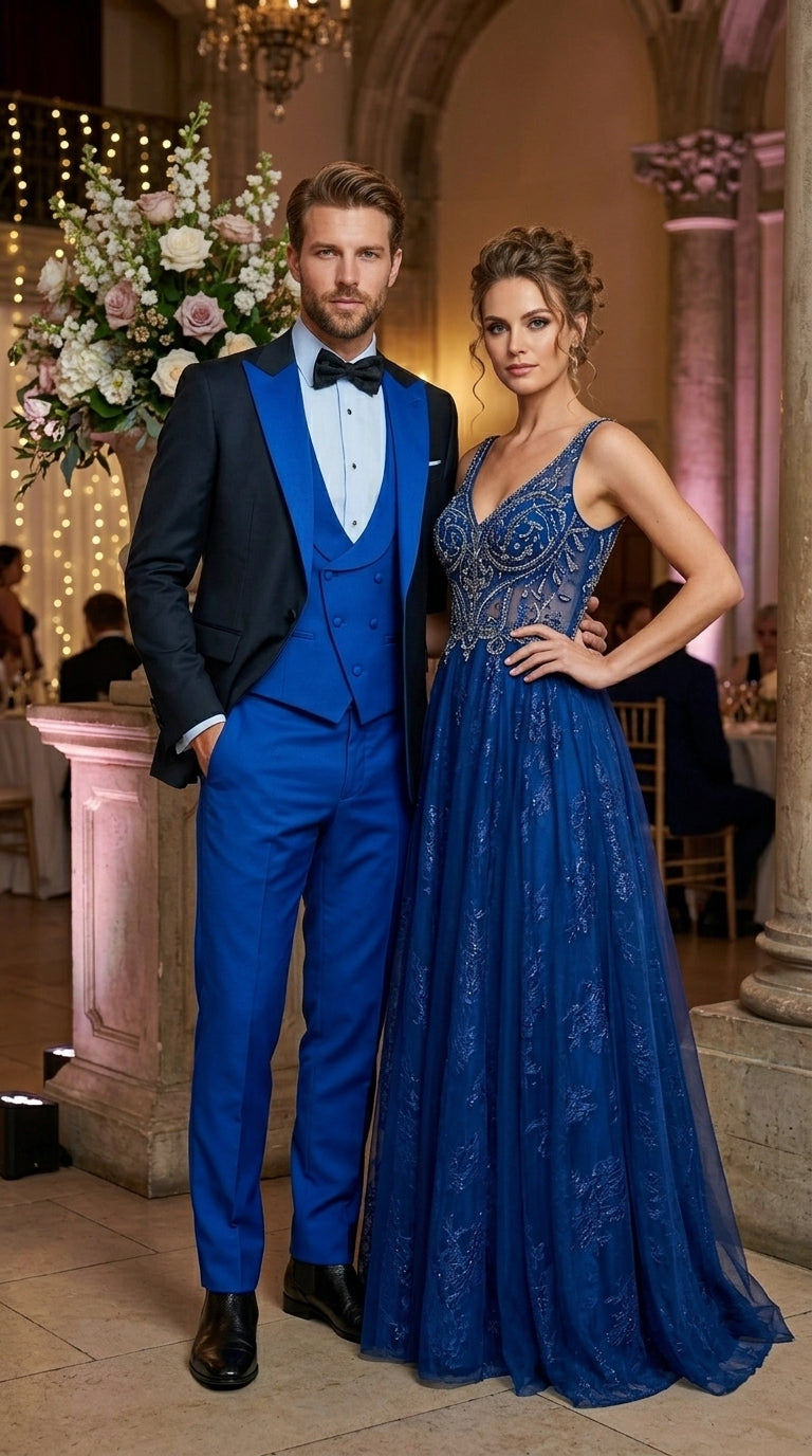 Men’s Black and Royal Blue 100% Wool Vested Tuxedo Suit with Peak Lapel, Wedding Prom Formal Suit Set