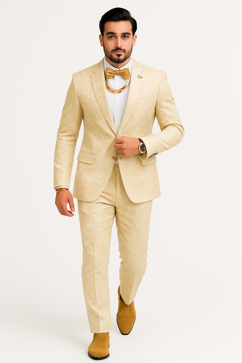 White and Gold Suit or Ivory - Gold Tuxedo Suit Matching Bowtie paisley pattern suit
