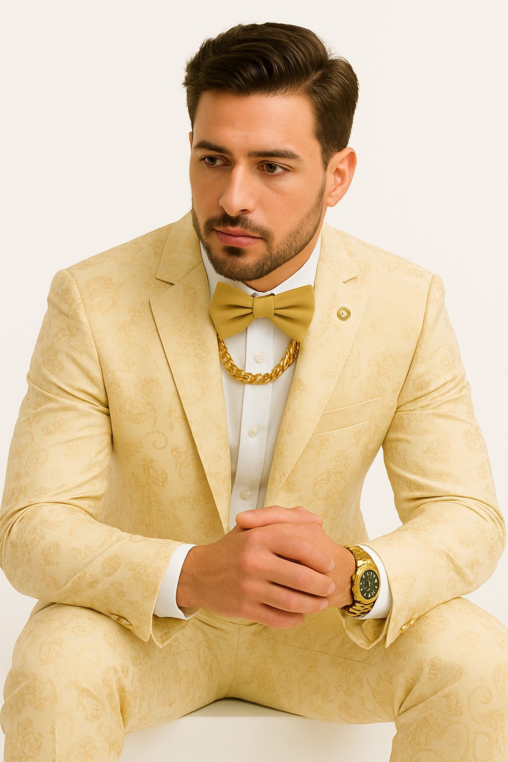 White and Gold Suit or Ivory - Gold Tuxedo Suit Matching Bowtie paisley pattern suit