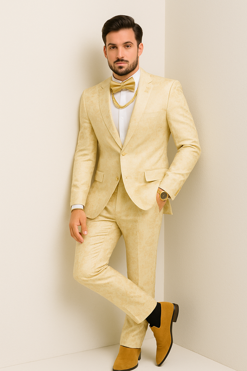 White and Gold Suit or Ivory - Gold Tuxedo Suit Matching Bowtie paisley pattern suit