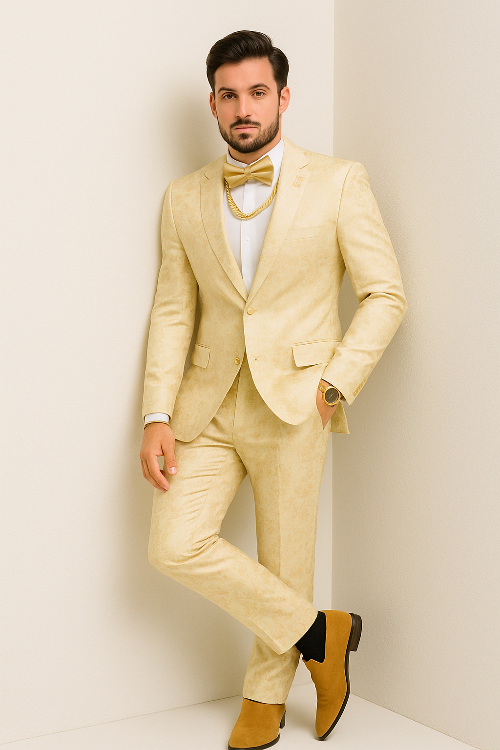 White and Gold Suit or Ivory - Gold Tuxedo Suit Matching Bowtie paisley pattern suit
