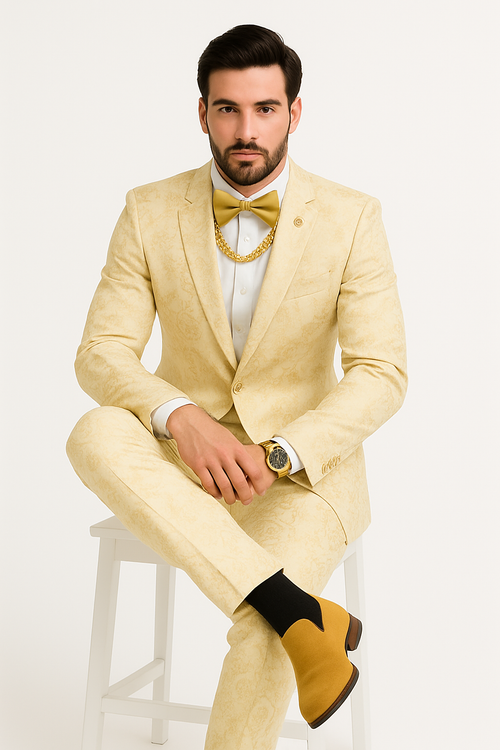 White and Gold Suit or Ivory - Gold Tuxedo Suit Matching Bowtie paisley pattern suit