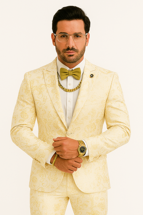 White and Gold Suit or Ivory - Gold Tuxedo Suit Matching Bowtie paisley pattern suit