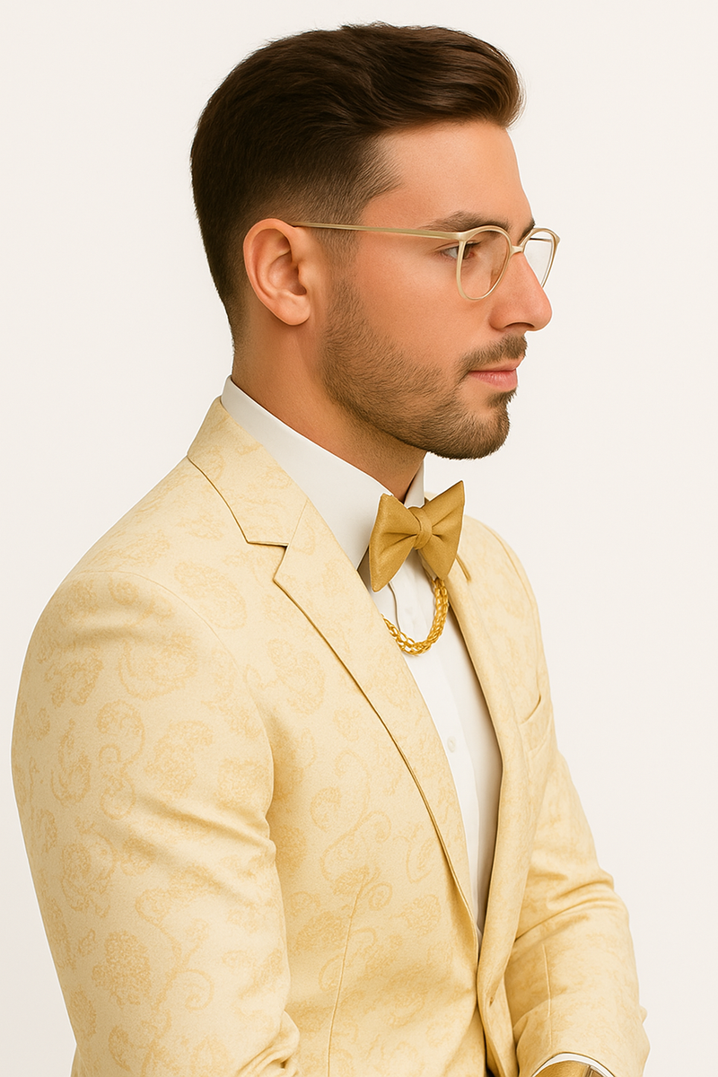 White and Gold Suit or Ivory - Gold Tuxedo Suit Matching Bowtie paisley pattern suit