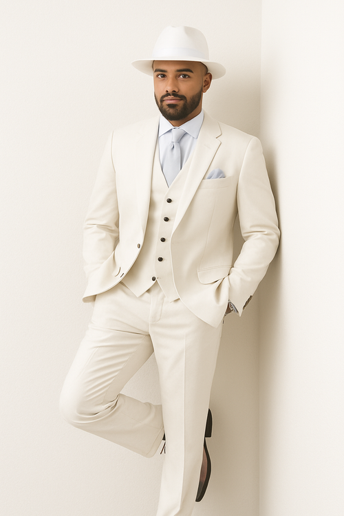 Wide Leg Pleated Pants Pants - 100% Wool Suit - Double Breasted Vest Peak Lapel - Classic Fit Suit - Vested Suit - White