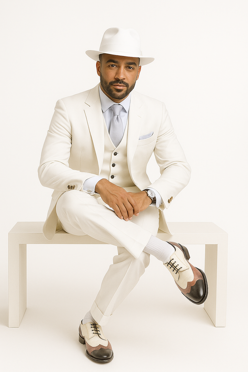 Wide Leg Pleated Pants Pants - 100% Wool Suit - Double Breasted Vest Peak Lapel - Classic Fit Suit - Vested Suit - White