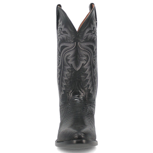 Dan Post Winston men's cowboy boot. Black exotic lizard leather, round toe, tall shaft with detailed stitching. Pointed, scalloped upper. Smooth sole. Classic cowboy style.
