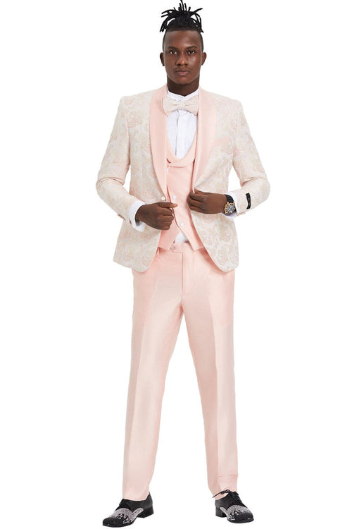 "Men's Pink Paisley Prom 2026 Tuxedo - One Button Vested Shawl Lapel"
