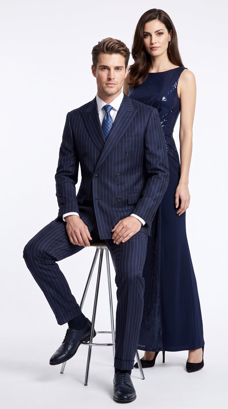 Men’s Dark Navy Blue Double Breasted Pinstripe Suit, Side Vent Jacket with Pleated Pants