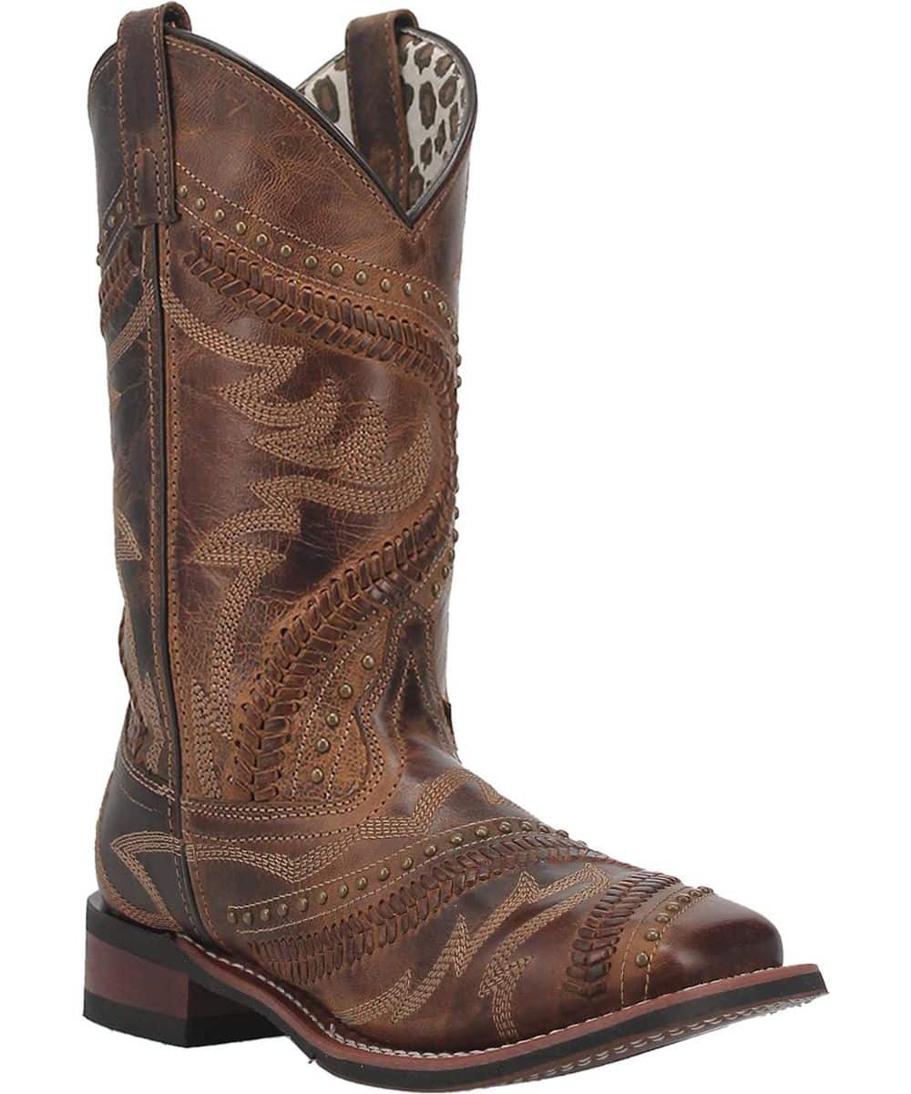 Laredo Charli Boot: Tall brown leather boot with pointed toe, intricate stitching, and a pull tab. Animal print lining and stacked block heel for added stability.