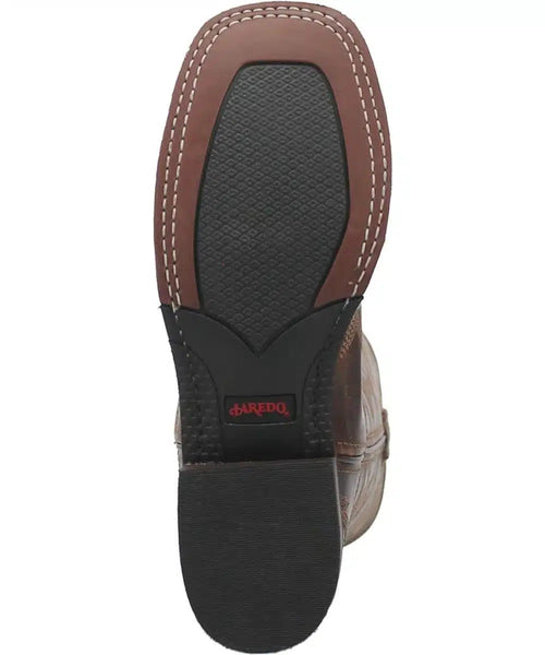 Laredo Charli women's boot. Light-brown leather upper with stitched edges. Solid brown outsole, textured black section. Red heel logo.