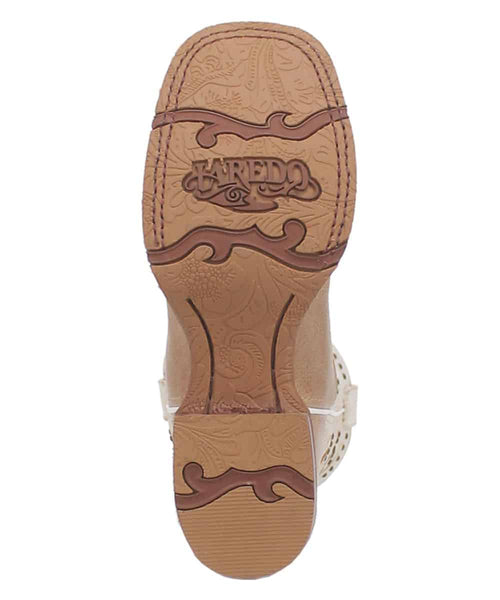 Laredo women's Lydia boot. Smooth, contoured sole with a floral design and Laredo logo. Light brown sole with darker accents.