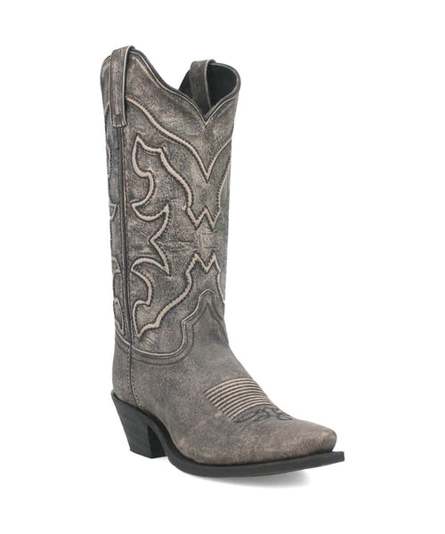 Laredo women's black Reva boot. Tall, tapered shaft with Western stitching. Pointed toe, low block heel. Textured, leather-like upper and lined interior. Sleek, narrow silhouette.