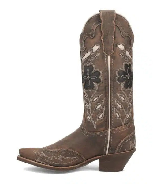 Laredo Zuri boot: Brown leather with floral/leaf stitching, pointed toe, mid-calf shaft, stacked heel. Chic and stylish Western-inspired design.