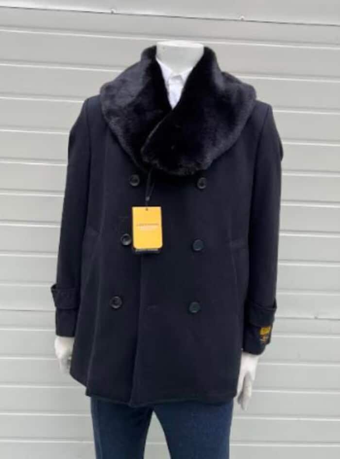 Mens Black Overcoat - Mens Pea coats With Fur Collar - Wool Black Peacoats