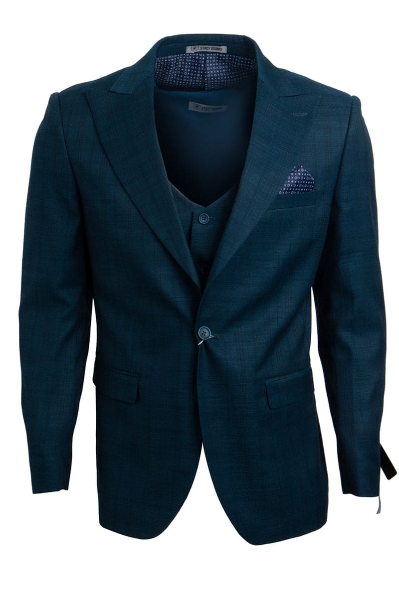 Mens Stacy Adams Suit - Stacy Adams Suit Men's Glen Plaid Suit - One Button Vested Peak Lapel in Blue & Green