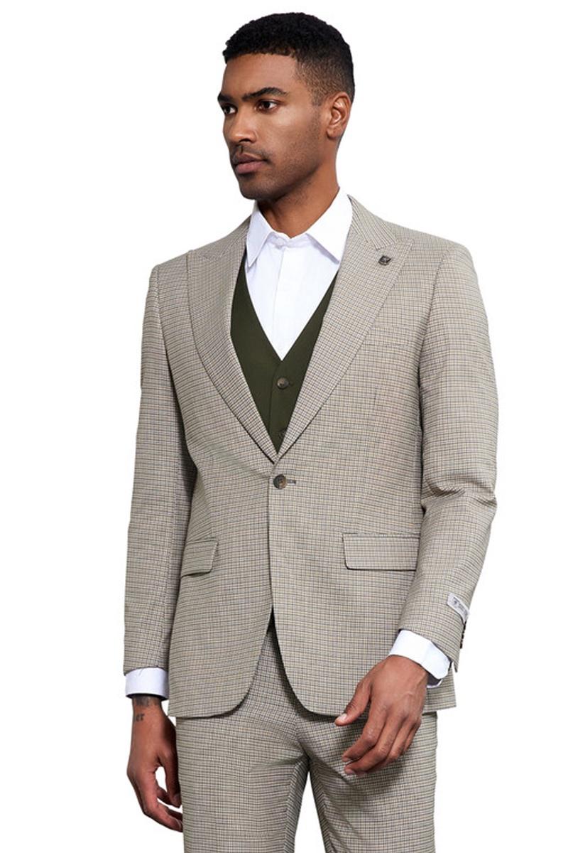 Stacy Adams vest with micro-check pattern, peak lapels, and a single-button closure. Light beige with darker check accents. Worn over a deep green button-down shirt. Features a chest pocket. Fitted shape.