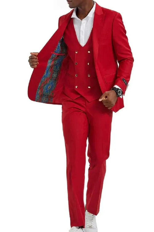 "Red Men's Suit with Gold Buttons - One Button Peak Lapel Vested"