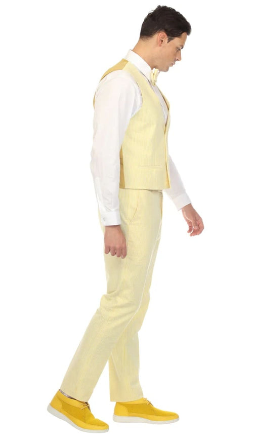 Cotton Slim Fit Yellow Notch Lapel 2 Button Seersucker Suit Vest Optional