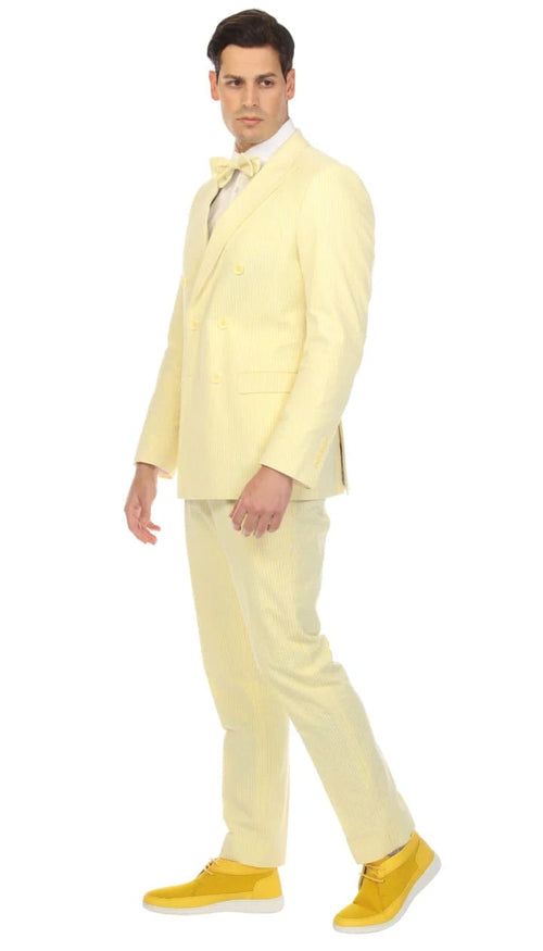Cotton Slim Fit Yellow Notch Lapel 2 Button Seersucker Suit Vest Optional