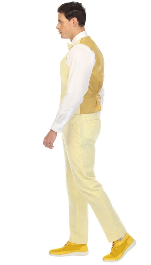 Cotton Slim Fit Yellow Notch Lapel 2 Button Seersucker Suit Vest Optional